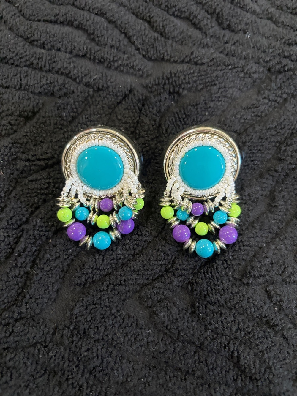 Handcrafted Silver-Tone Turquoise, Purple & Lime Bead Drop Earrings